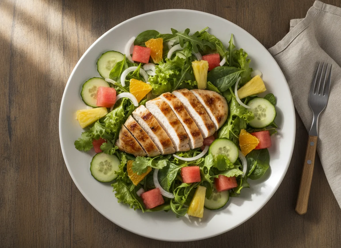 Salada mista com frango grelhado e frutas photo