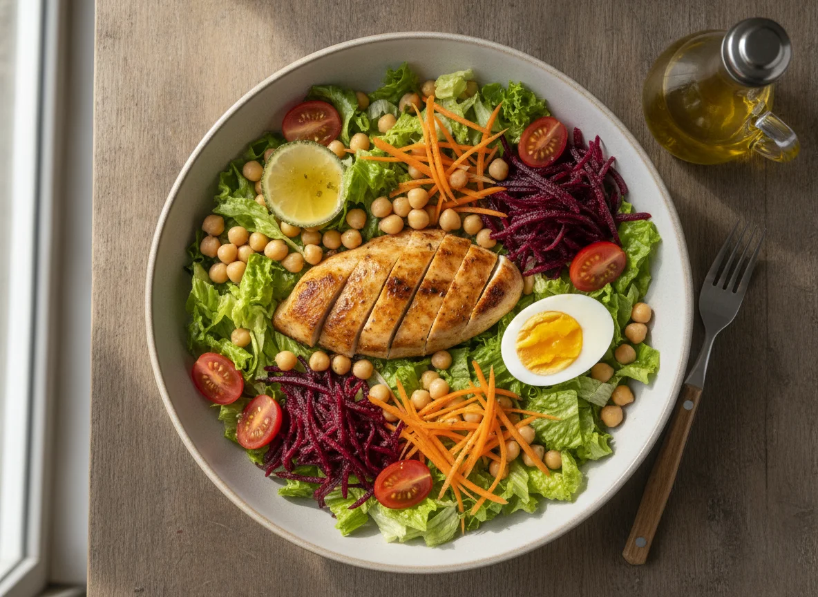 Salada mista com frango grelhado e ovo photo