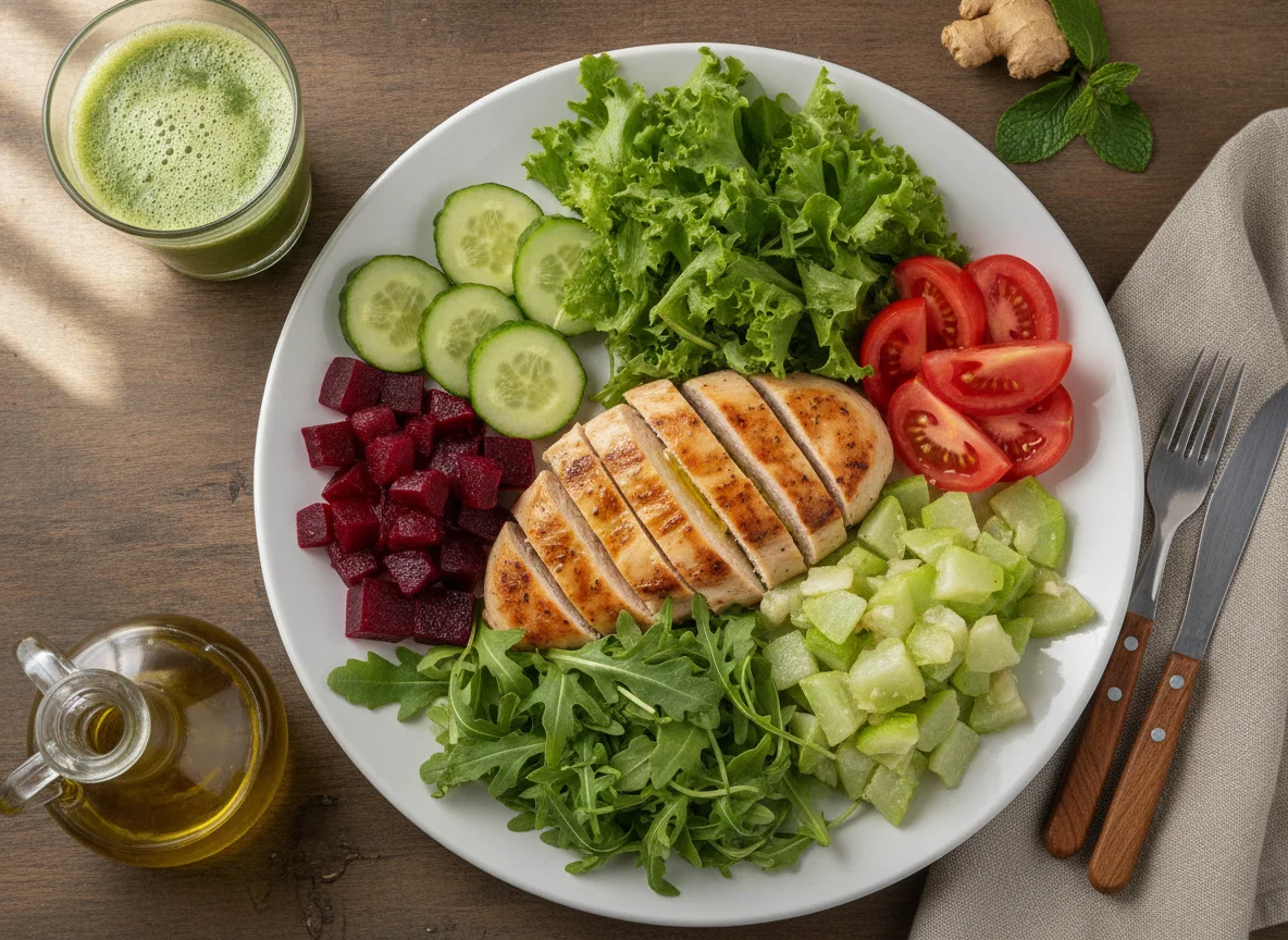 Salada mista com frango grelhado e suco verde photo