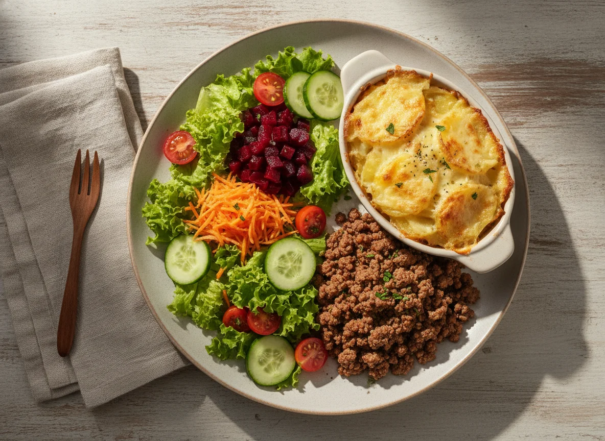 Salada mista com gratinado de batata e carne photo