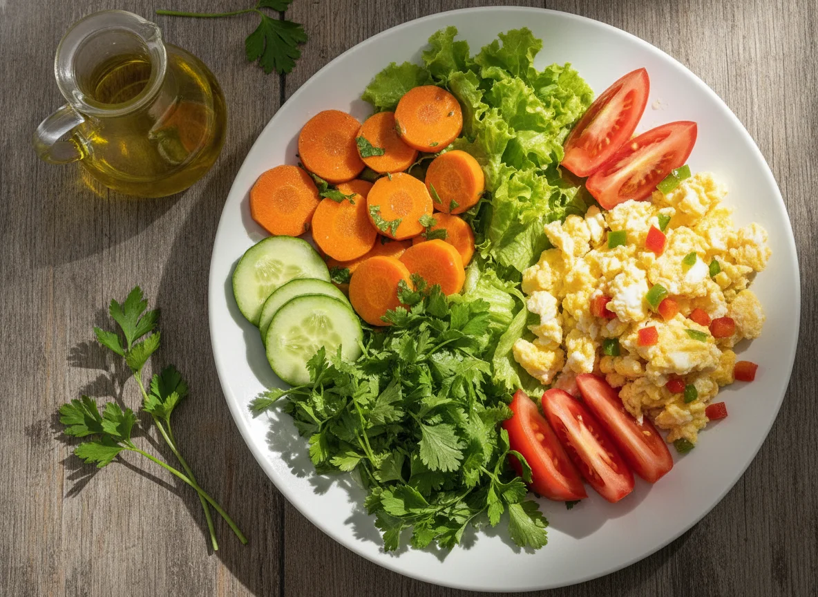 Salada mista com legumes e ovos mexidos photo