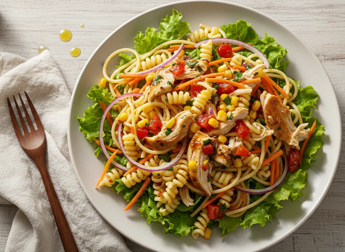 Salada mista com macarrão e frango photo