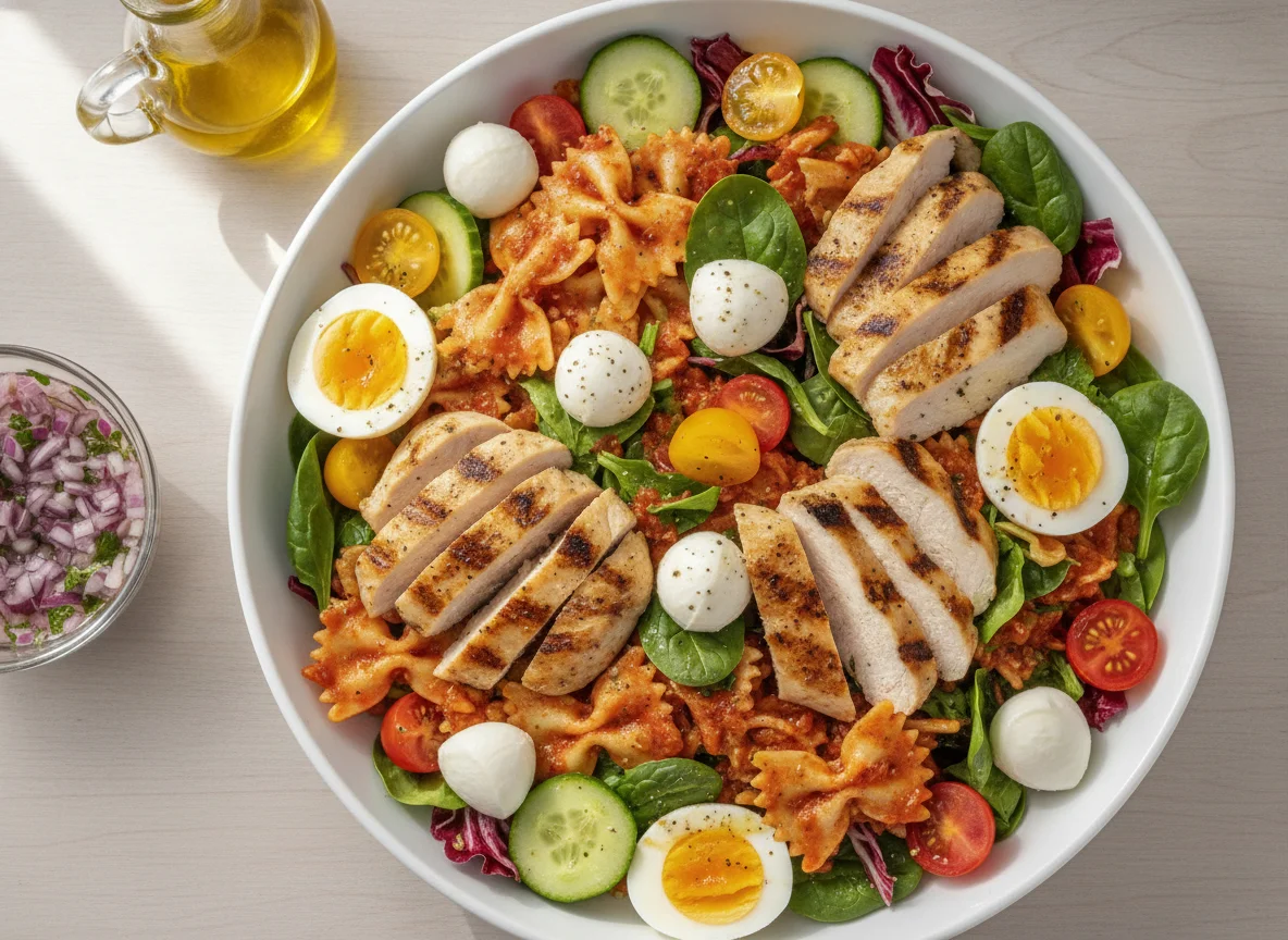 Salada mista com macarrão farfalle, frango e ovos photo