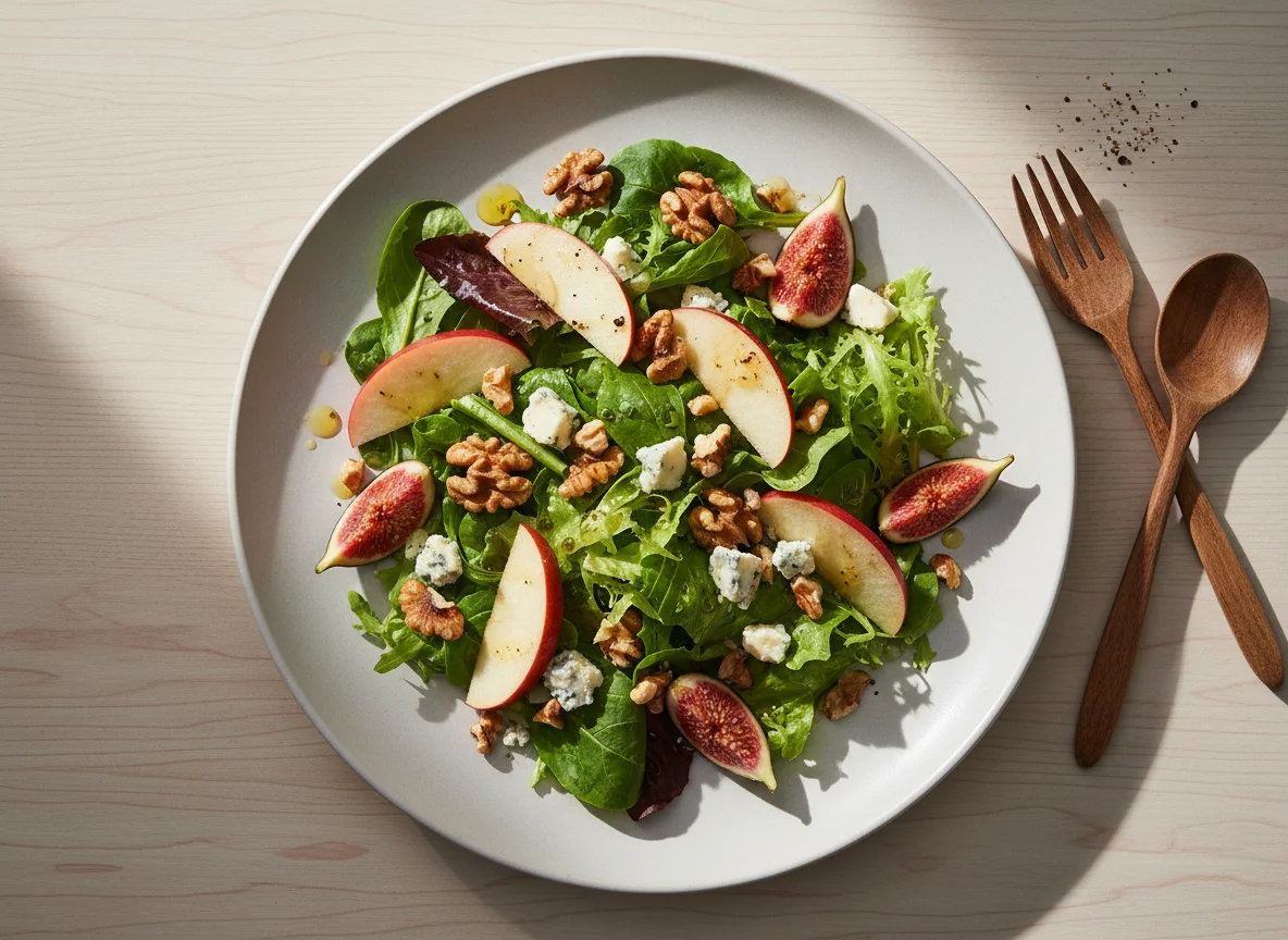 Salada Mista com Nozes, Queijo Azul, Figo e Maçã photo