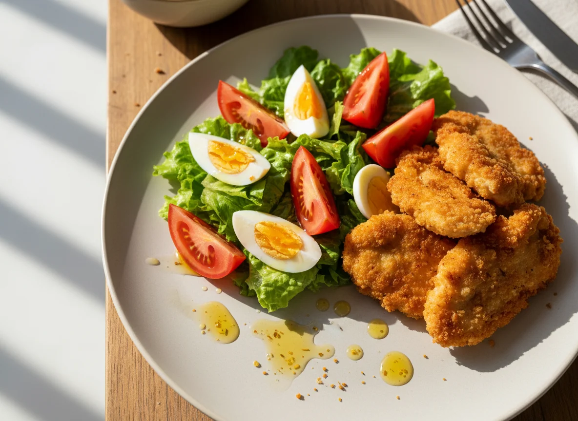 Salada mista com ovo e frango empanado photo