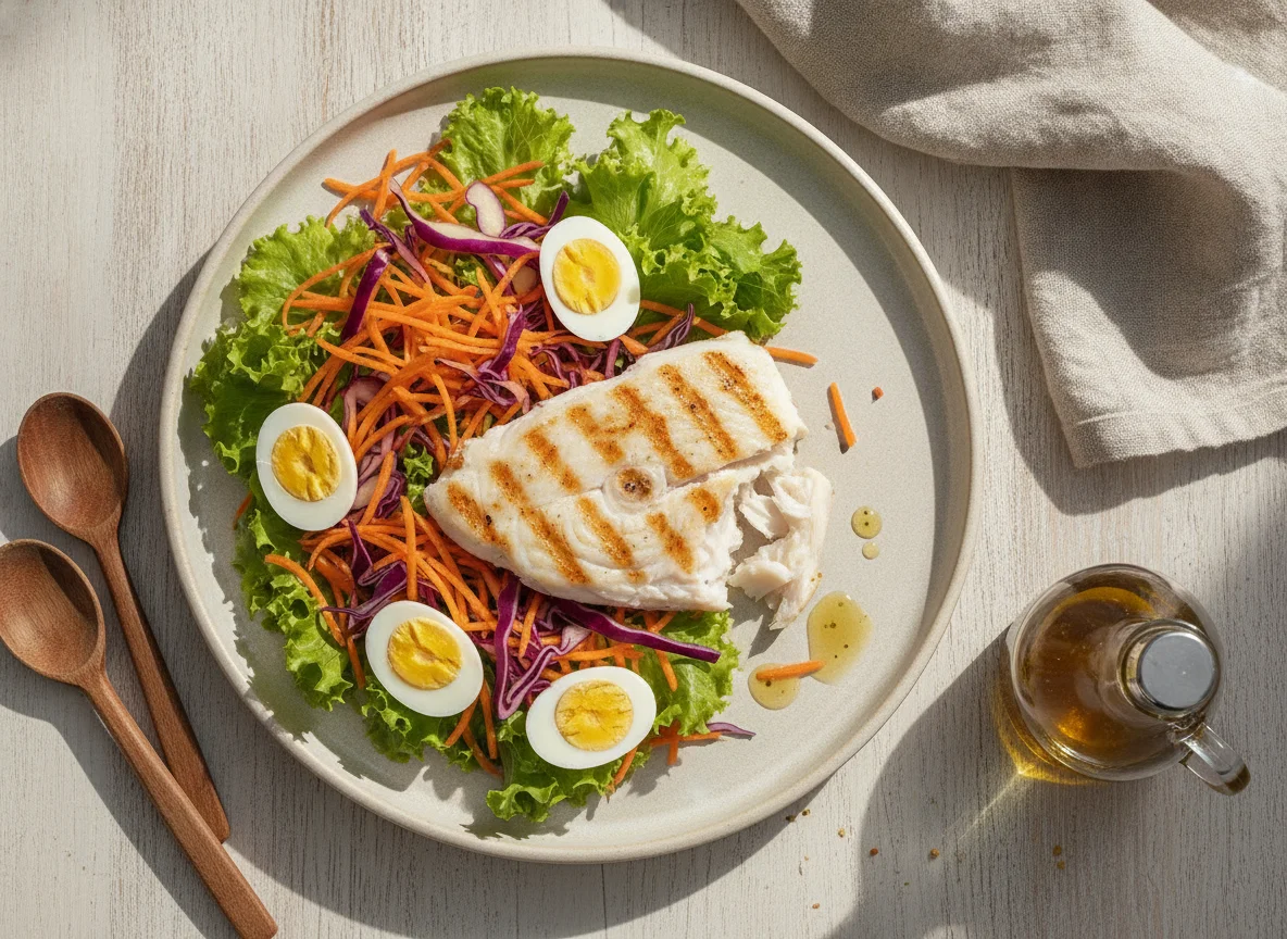 Salada mista com ovos de codorna e peixe grelhado photo