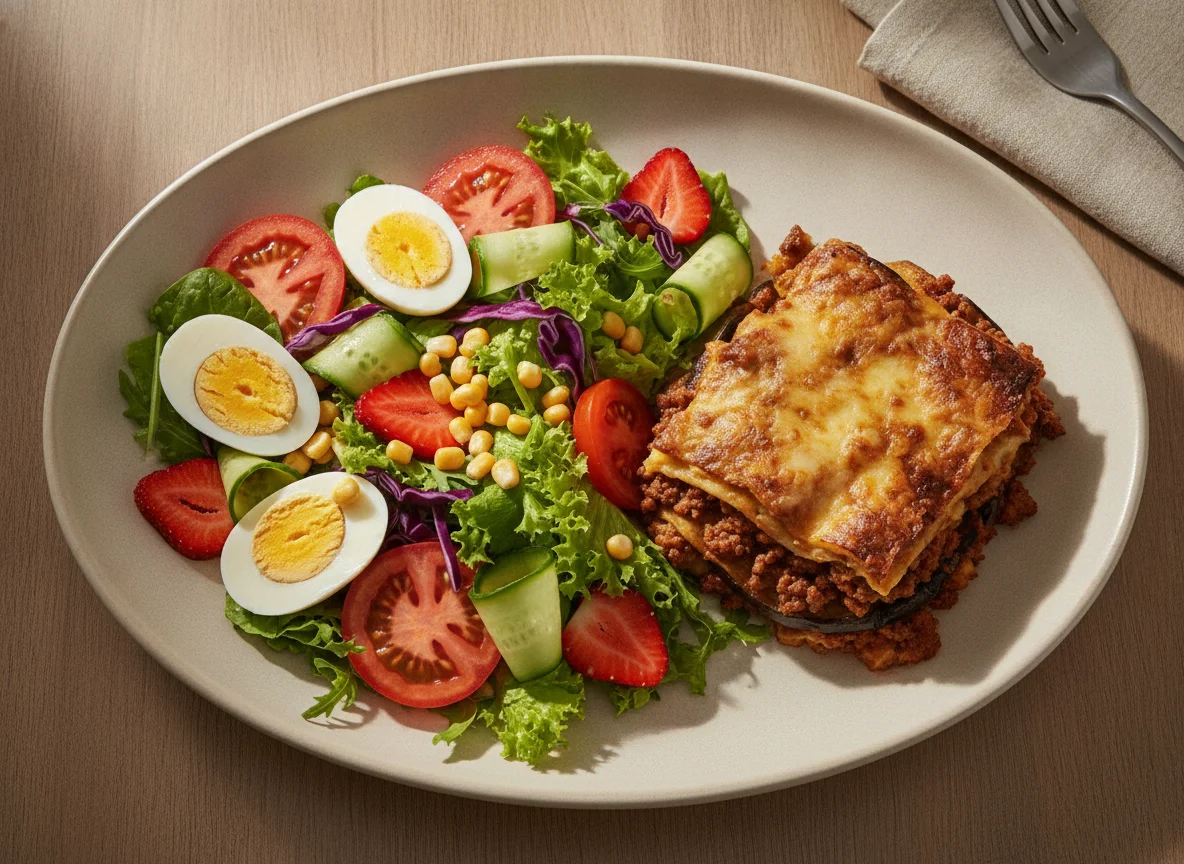 Salada mista com ovos e lasanha de berinjela photo