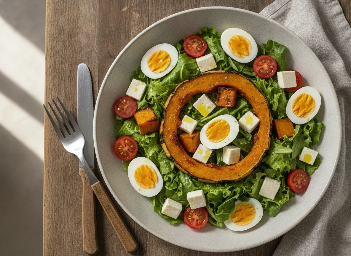 Salada mista com ovos, queijo branco e abóbora photo