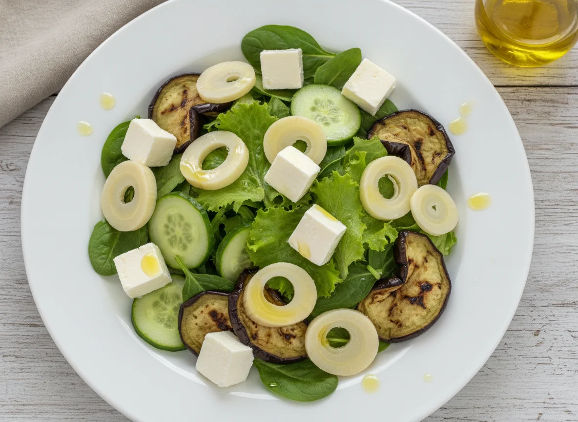 Salada mista com palmito, queijo branco e berinjela photo