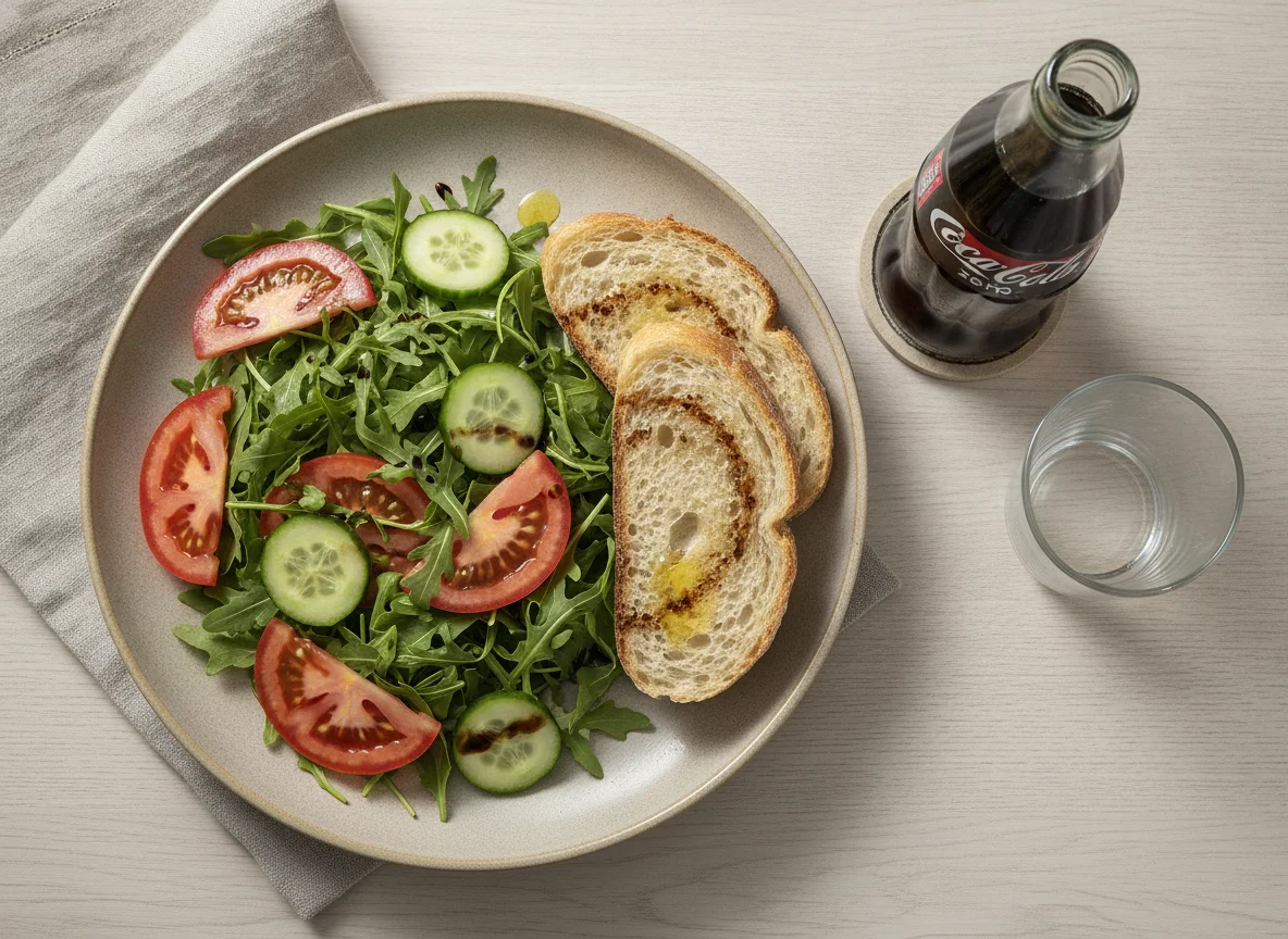 Salada mista com pão e refrigerante photo