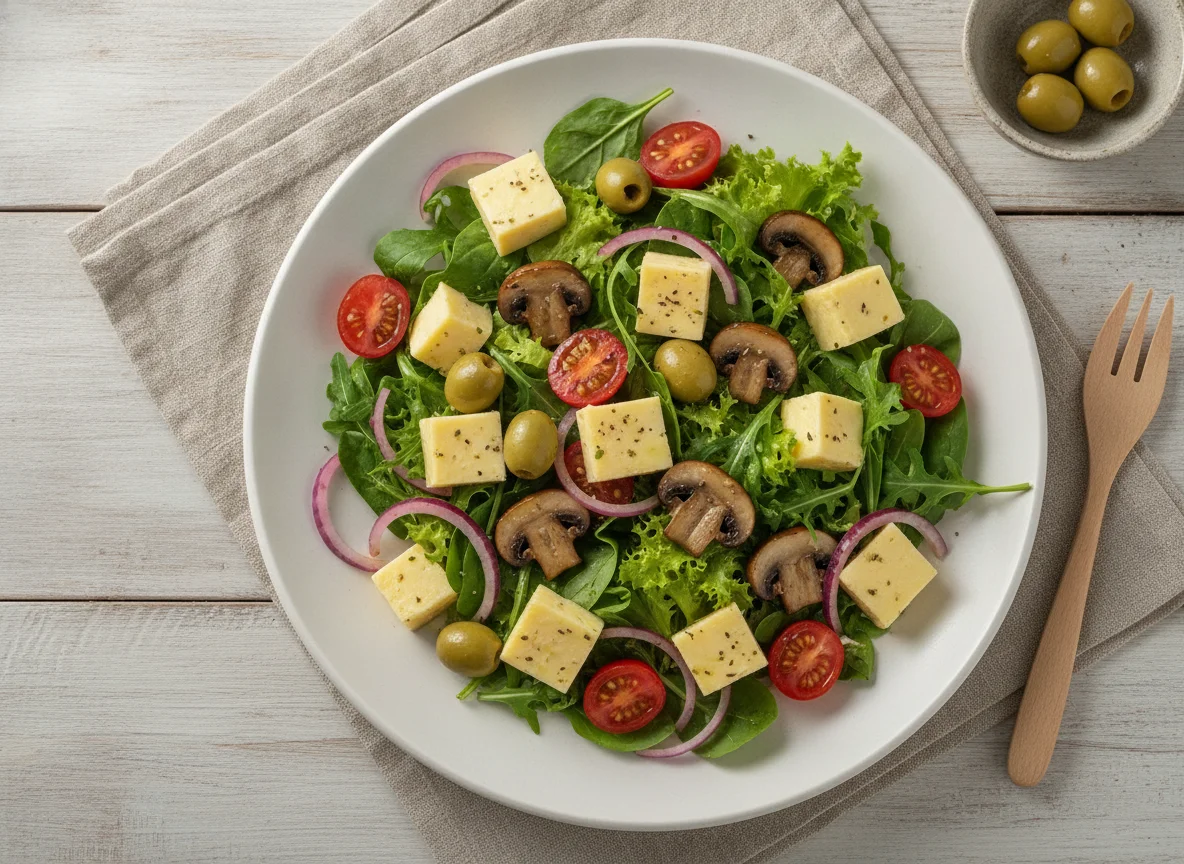 Salada mista com queijo, azeitonas e cogumelos photo