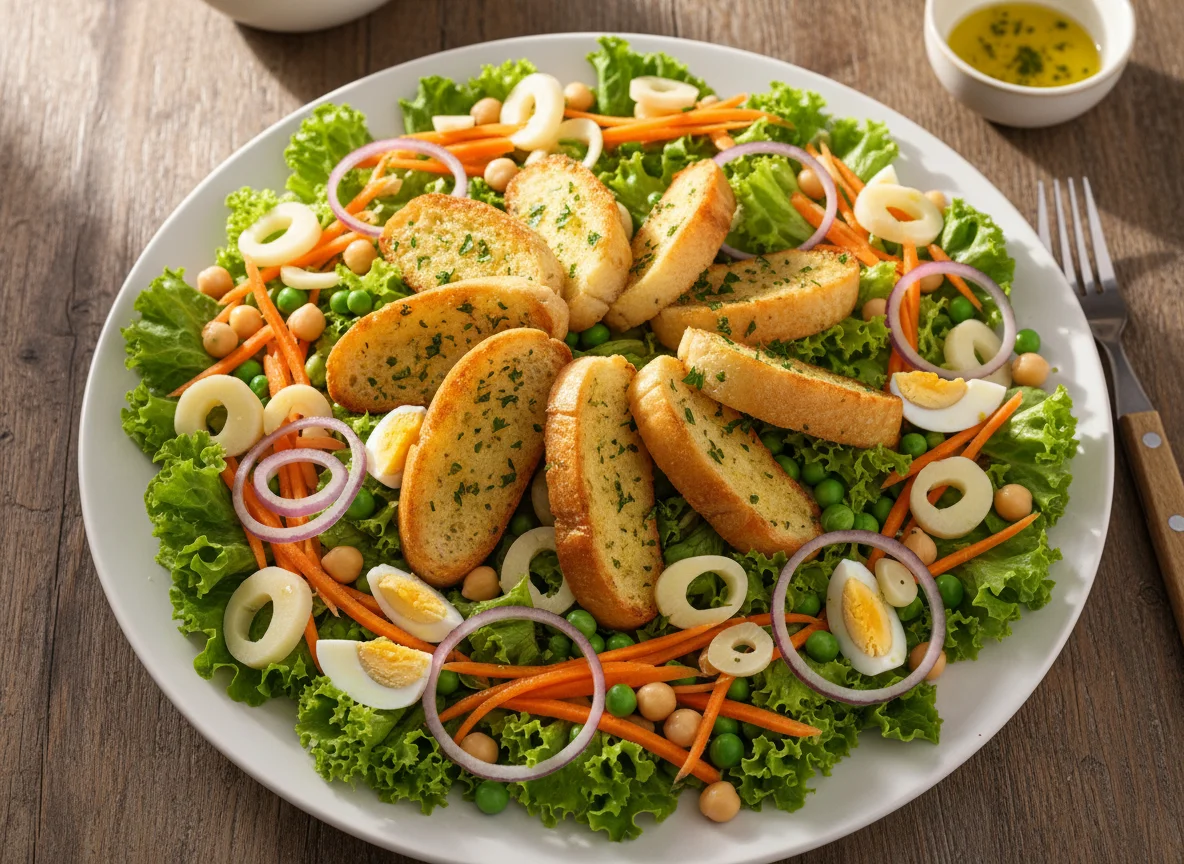 Salada mista com torrada de alho photo