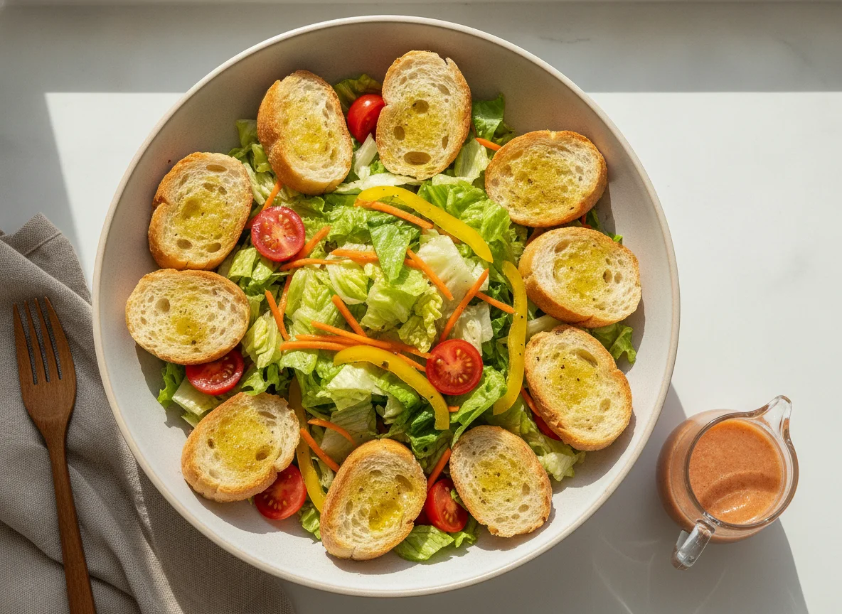 Salada mista com torradas de pão francês photo