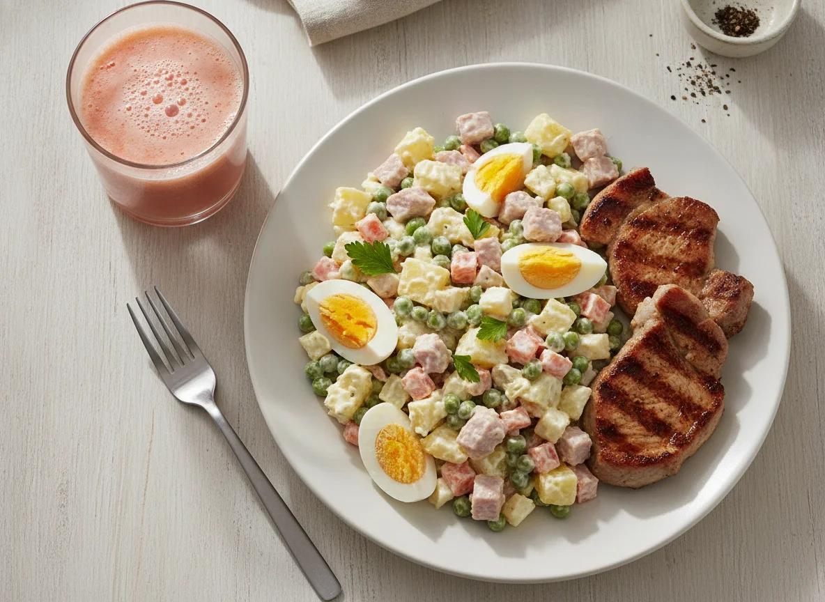 Salada Russa com Carne de Porco e Sumo de Fruta photo