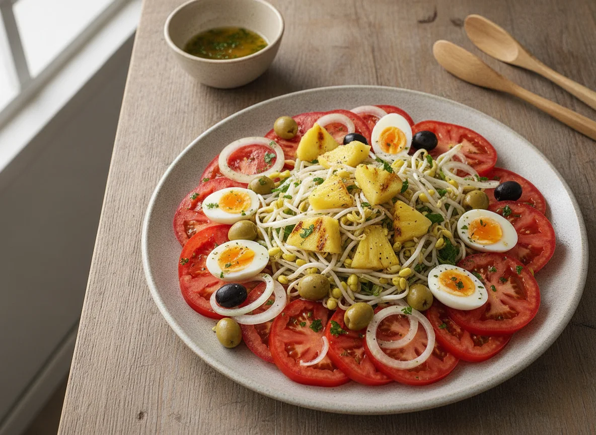 Salada variada com abacaxi e broto de feijão photo