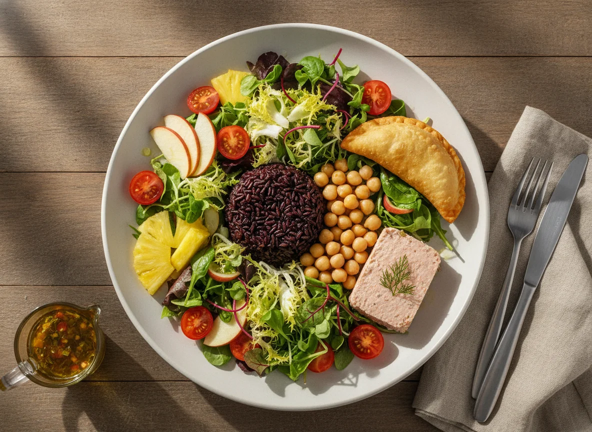 Salada variada com arroz negro, grão-de-bico e acompanhamentos photo