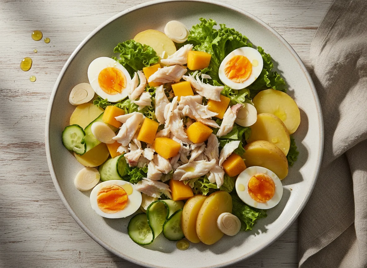 Salada variada com bacalhau e manga photo