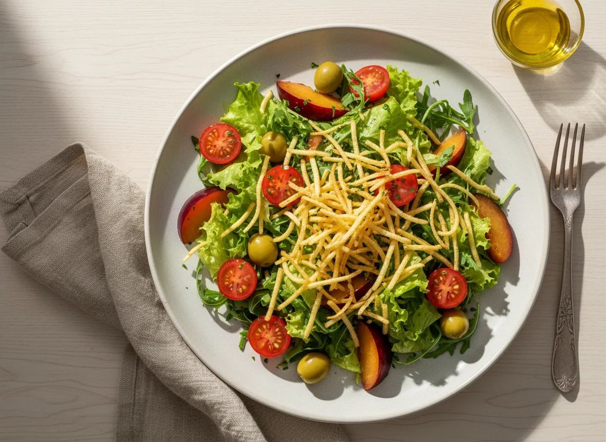 Salada variada com batata palha e ameixa photo