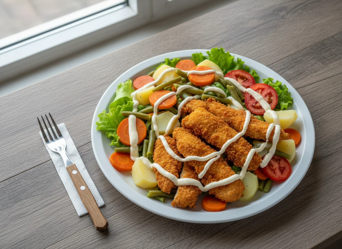 Salada variada com frango empanado photo