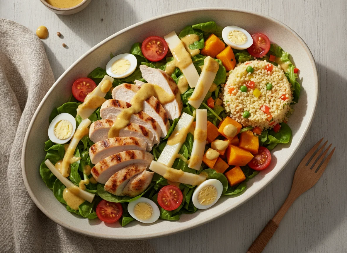 Salada variada com frango, ovos de codorna e palmito photo