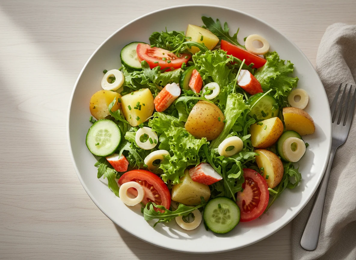 Salada variada com kani e batata photo