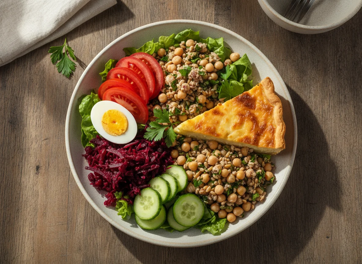 Salada variada com ovo e quiche photo