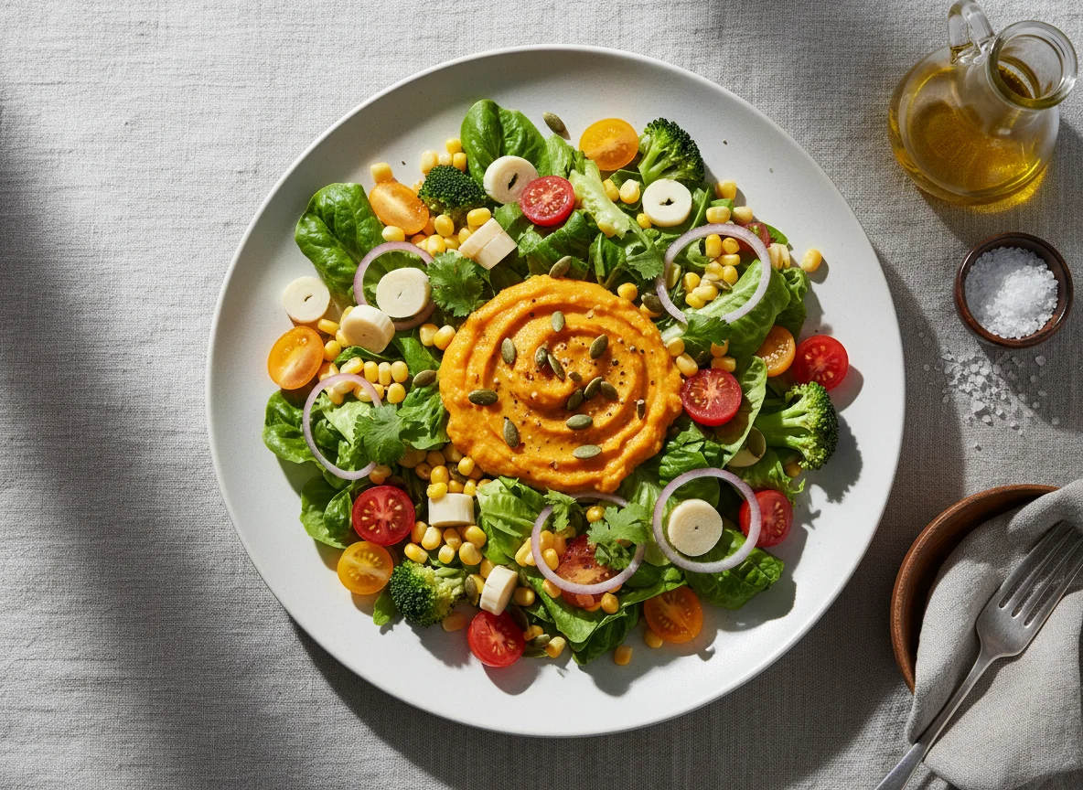 Salada variada com purê de abóbora photo