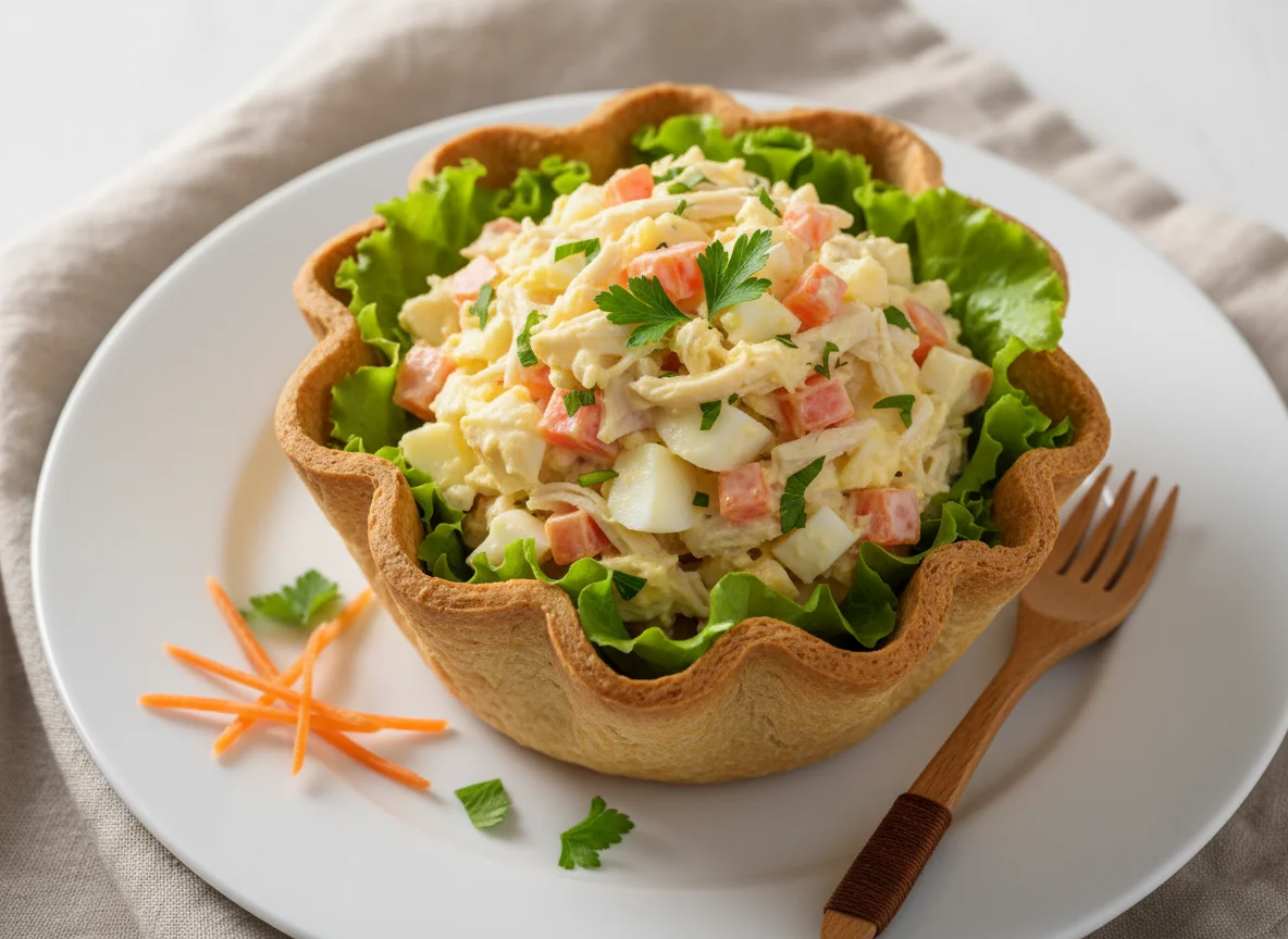 Salada variada com salpicão em cestinha photo