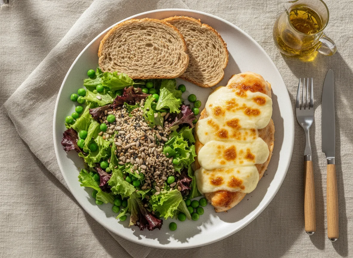 Salada verde com sementes, pão integral e frango gratinado photo