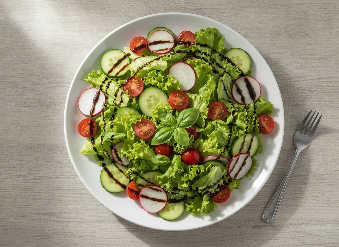 Salada verde com tomate, pepino e molho balsâmico photo
