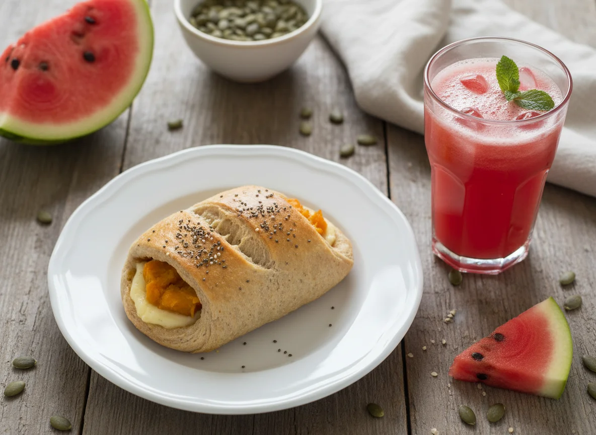 Salgado integral e suco de fruta photo