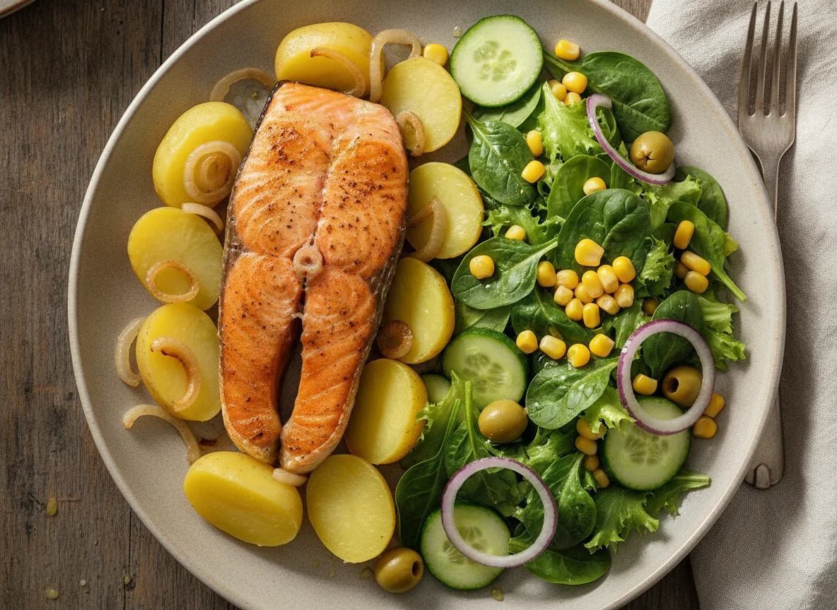 Salmão assado com batatas e salada mista photo
