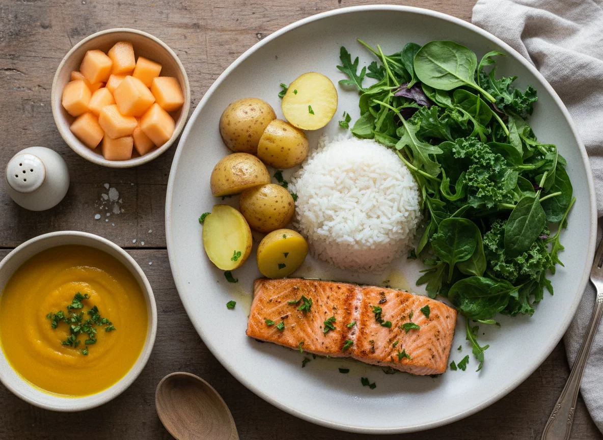 Salmão com acompanhamentos e sopa photo