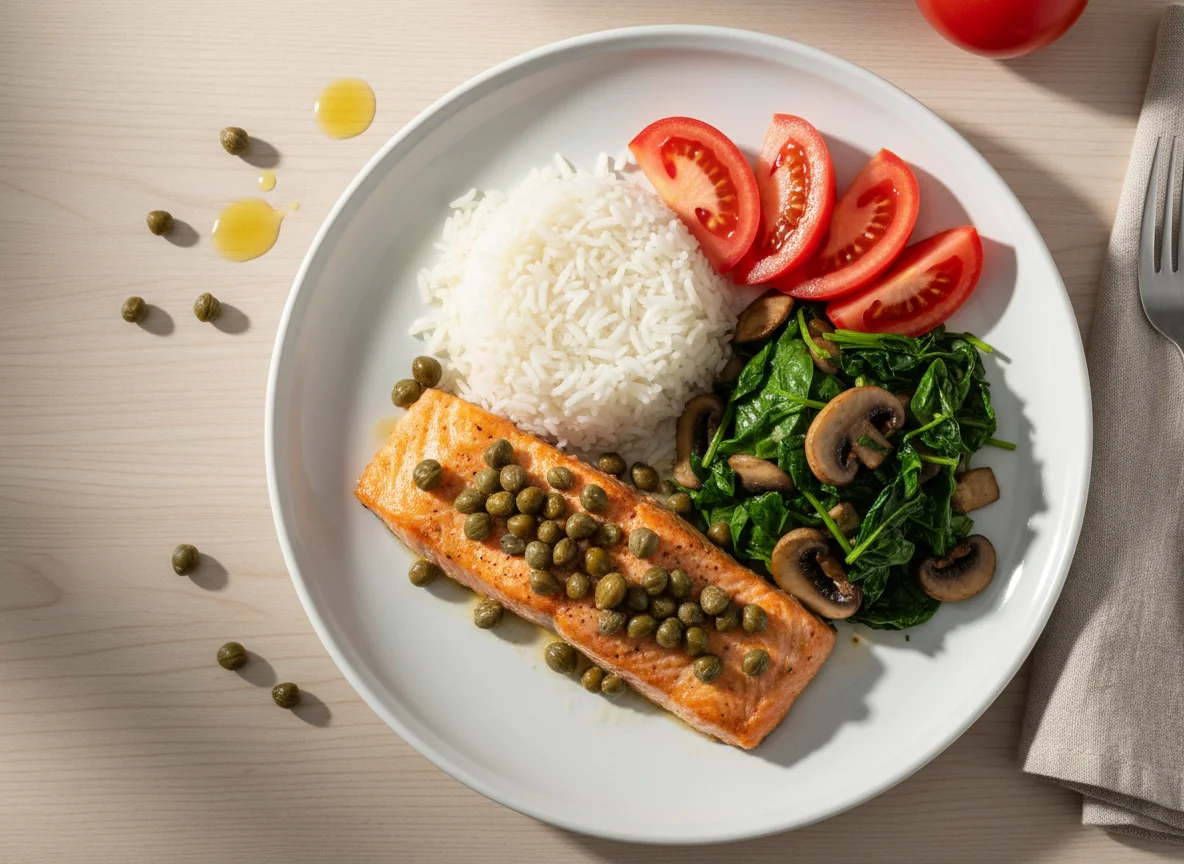 Salmão com Alcaparras, Arroz, Cogumelos e Tomate photo