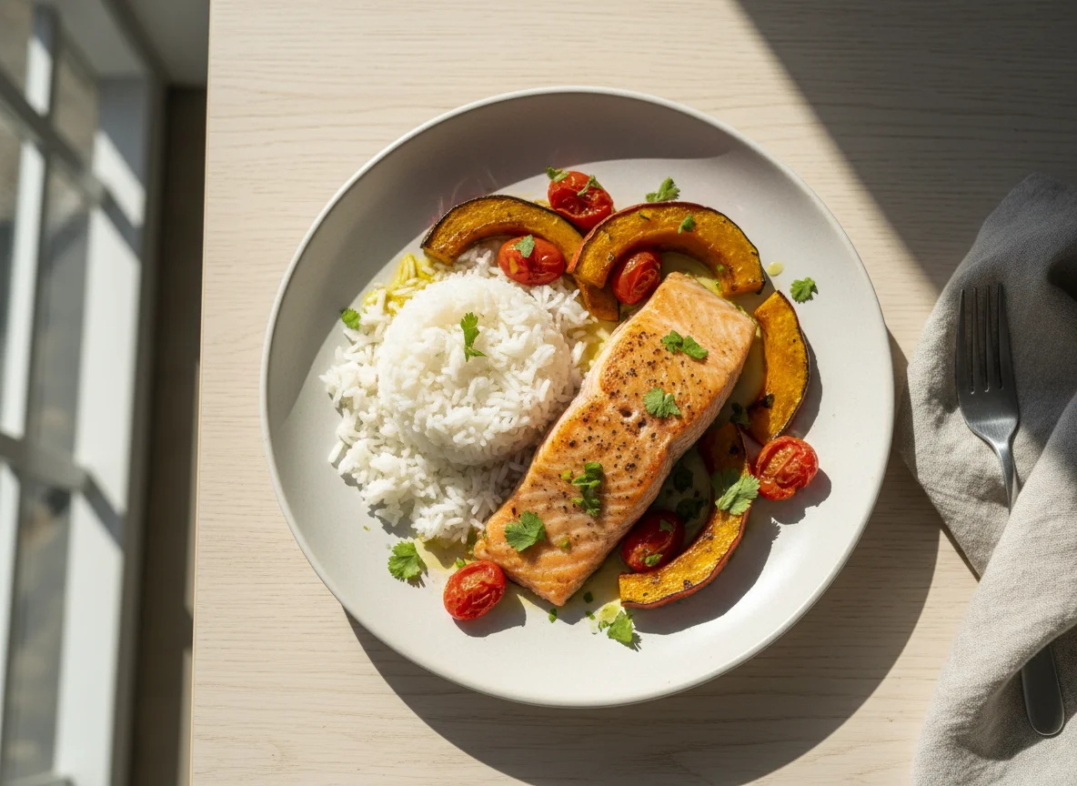 Salmão com arroz, abóbora e tomate photo