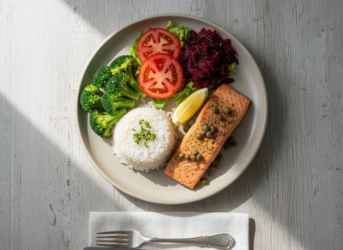 Salmão com arroz, brócolis e salada photo