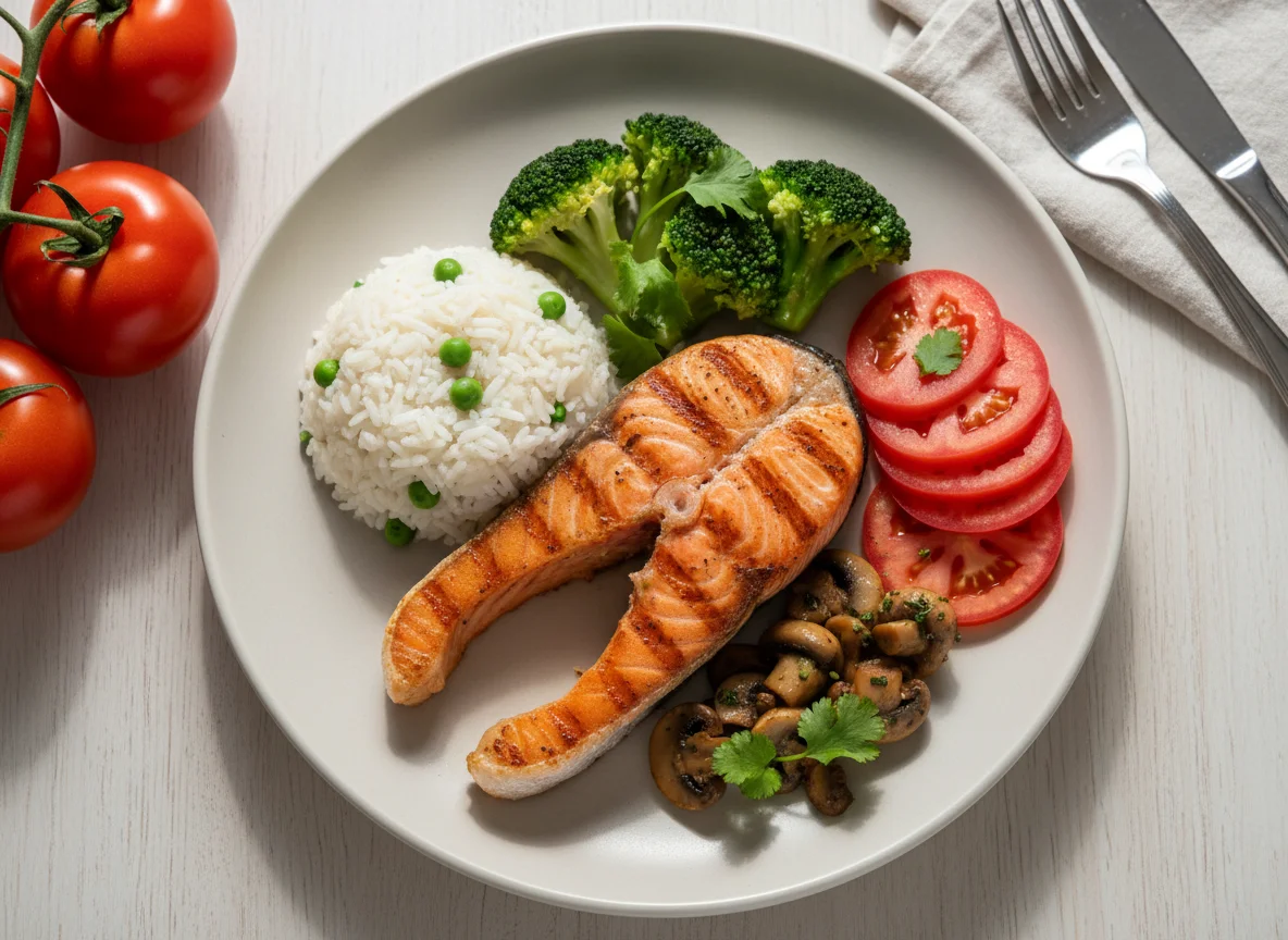 Salmão com Arroz, Brócolis, Tomate e Cogumelos photo
