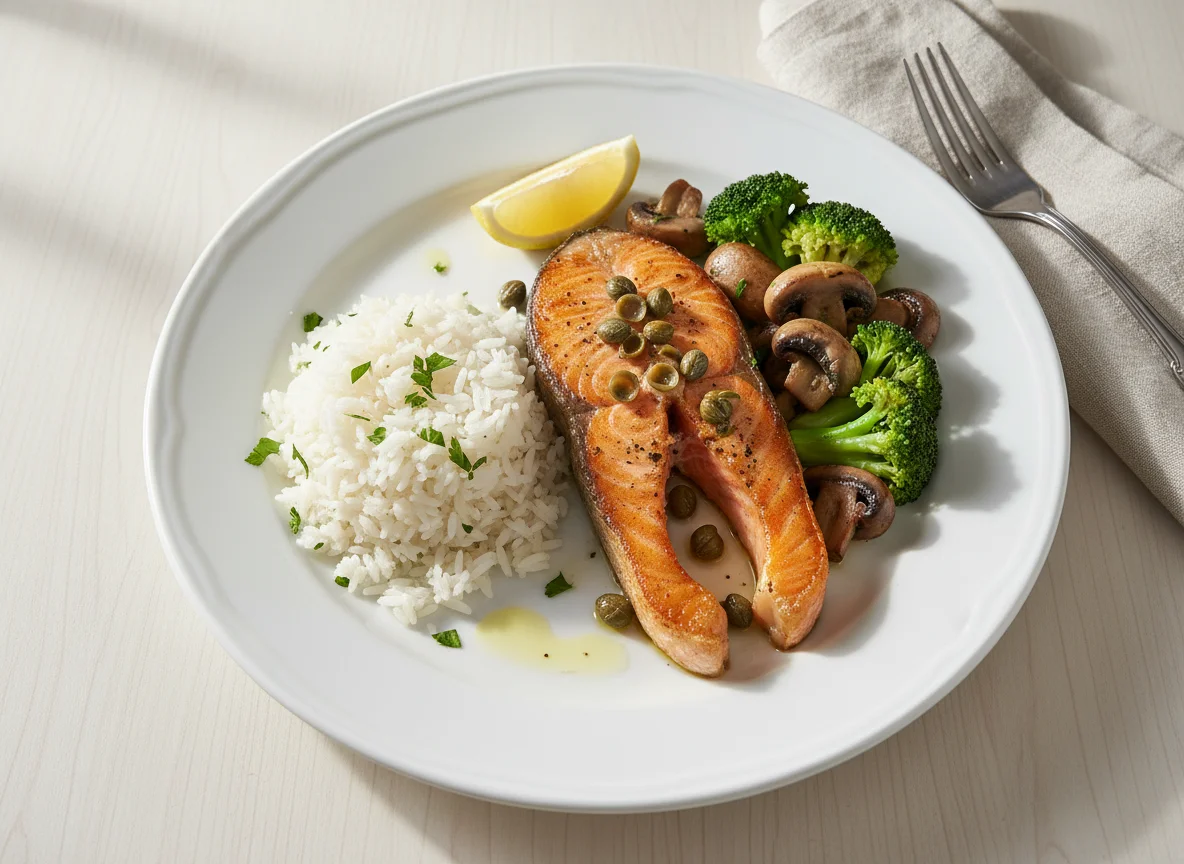 Salmão com arroz, cogumelos e brócolis photo