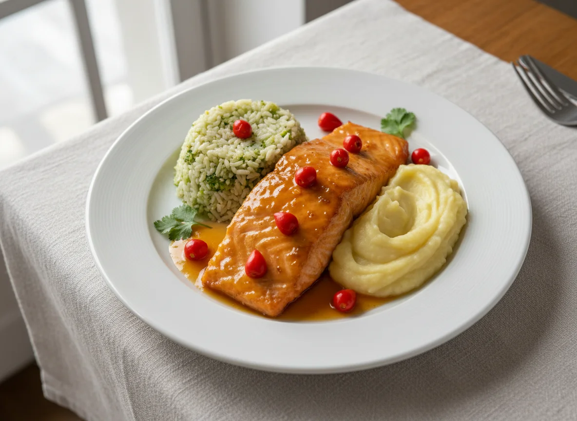 Salmão com arroz de brócolis e purê de batata photo