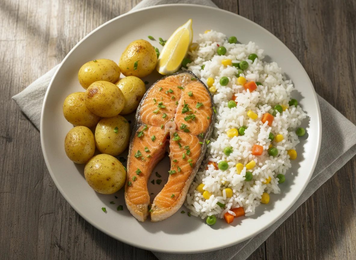 Salmão com arroz de vegetais e batatas photo