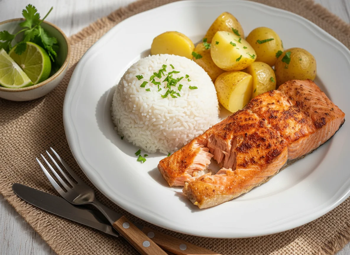 Salmão com arroz e batatas photo