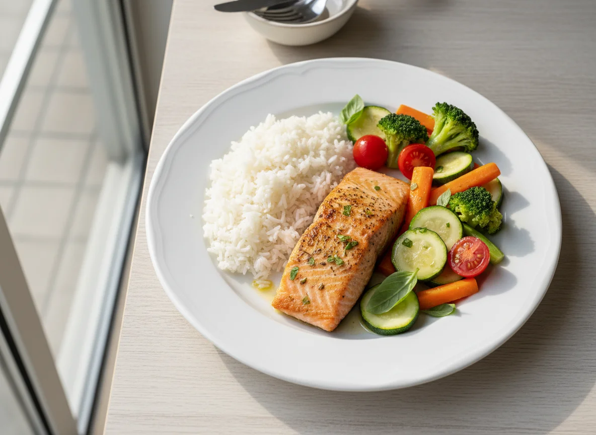 Salmão com arroz e vegetais photo