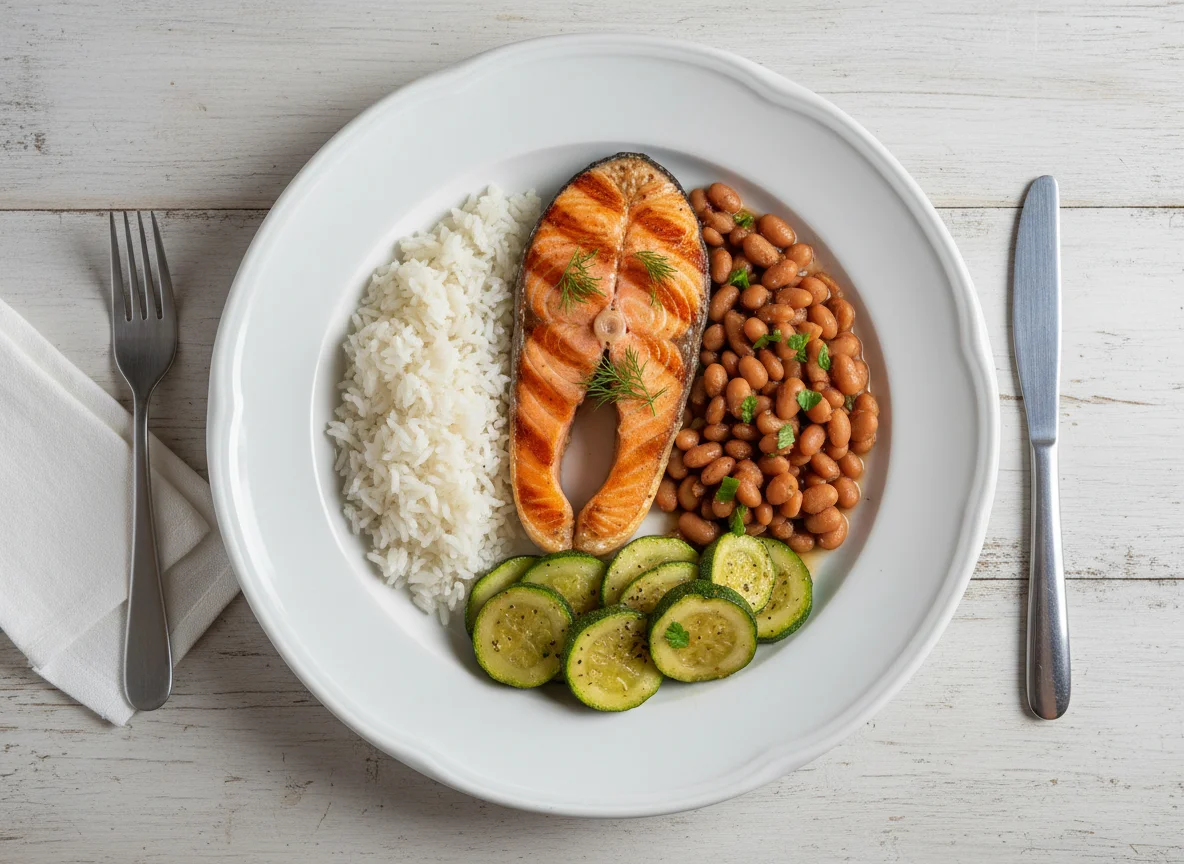 Salmão com arroz, feijão e abobrinha photo