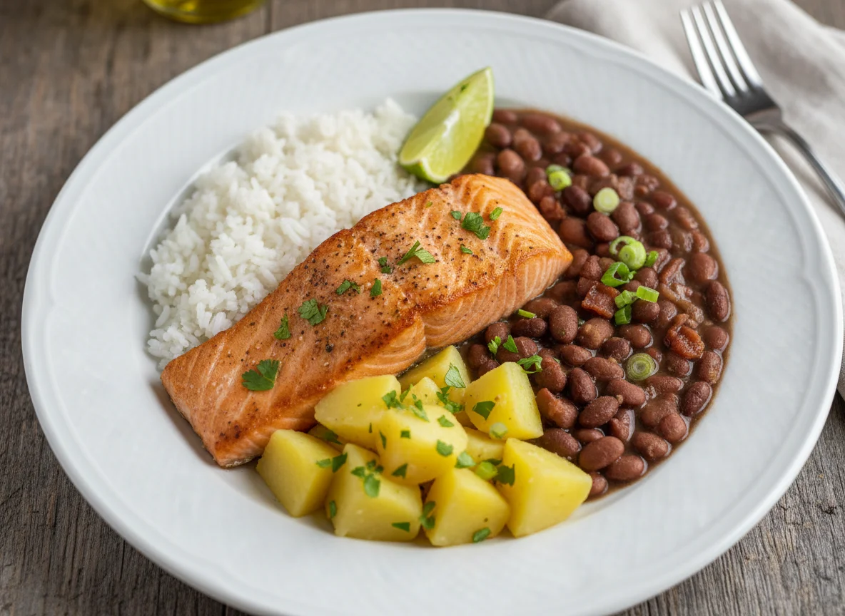 Salmão com arroz, feijão e batata photo