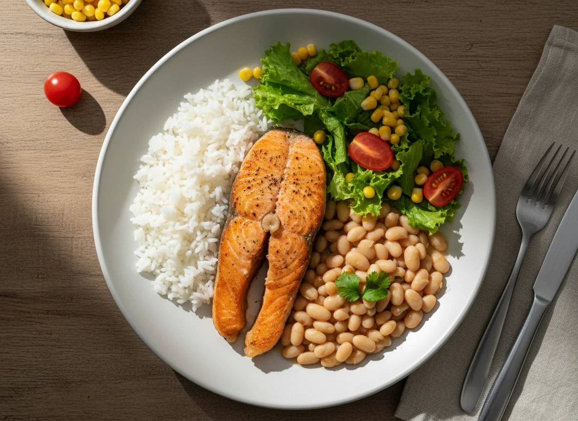 Salmão com arroz, feijão e salada photo