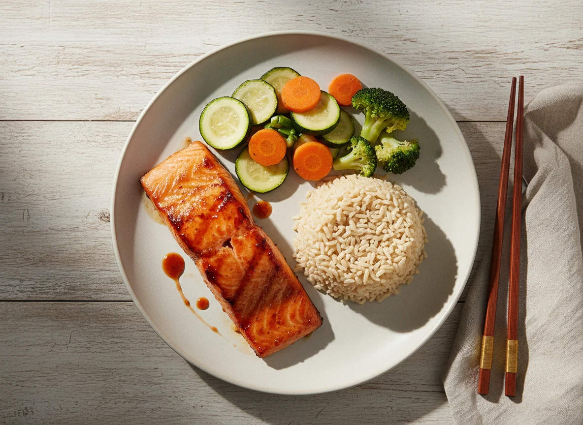 Salmão com arroz integral e legumes photo