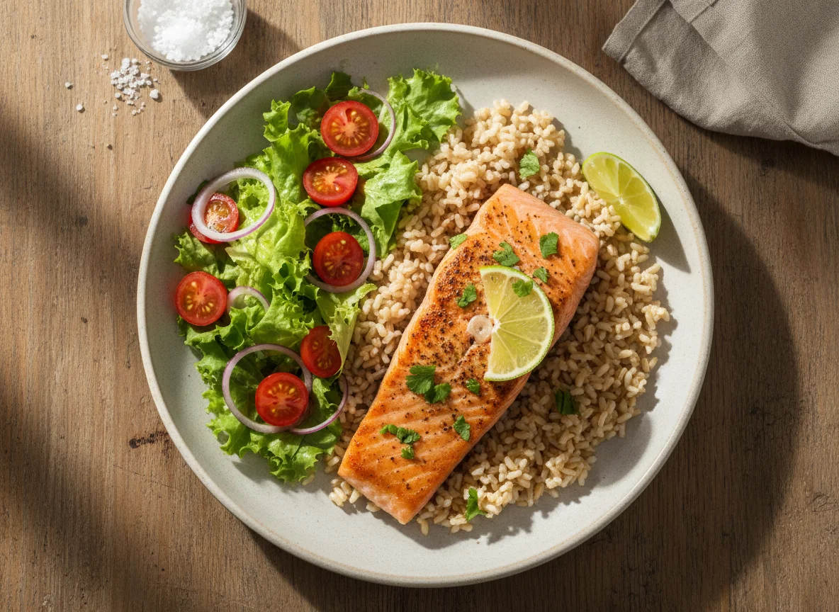 Salmão com arroz integral e salada photo