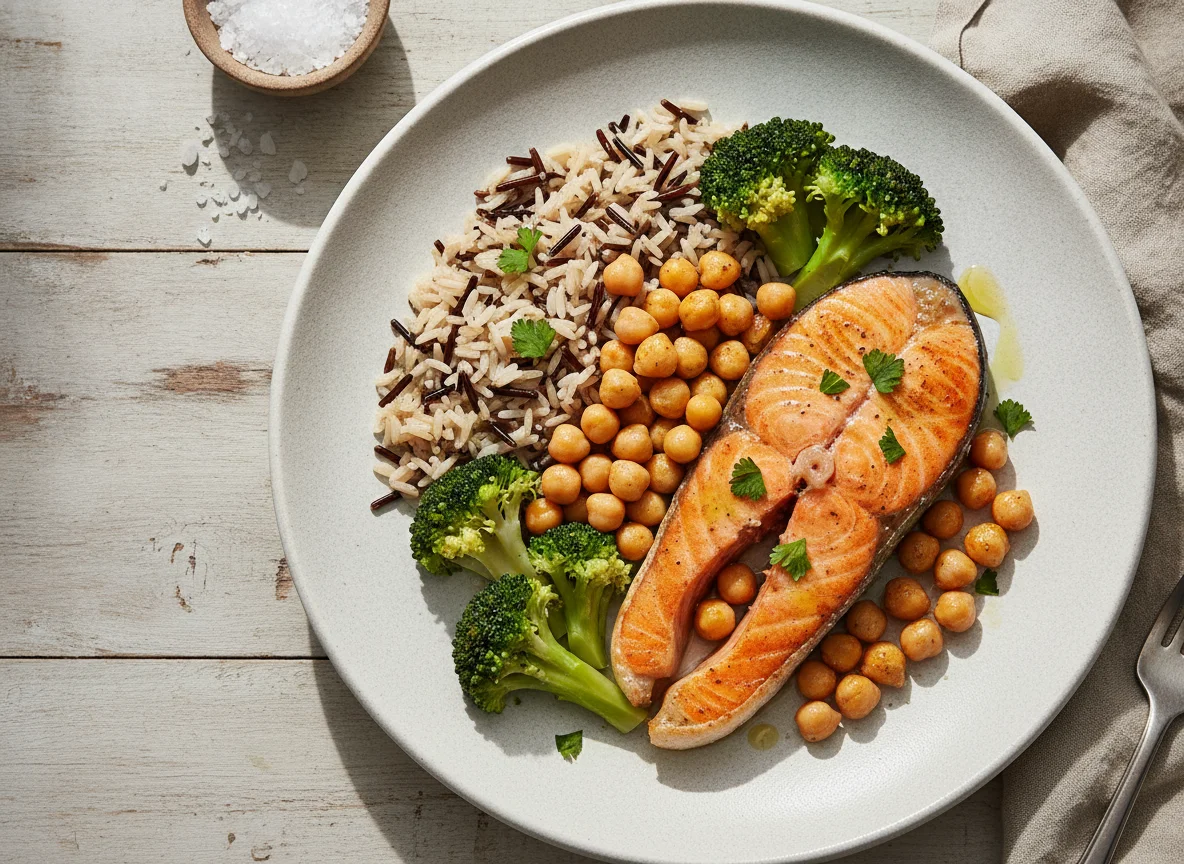 Salmão com Arroz Selvagem, Grão-de-Bico e Brócolos photo