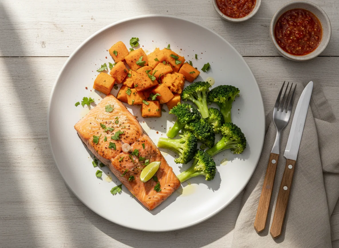 Salmão com batata doce e brócolos photo