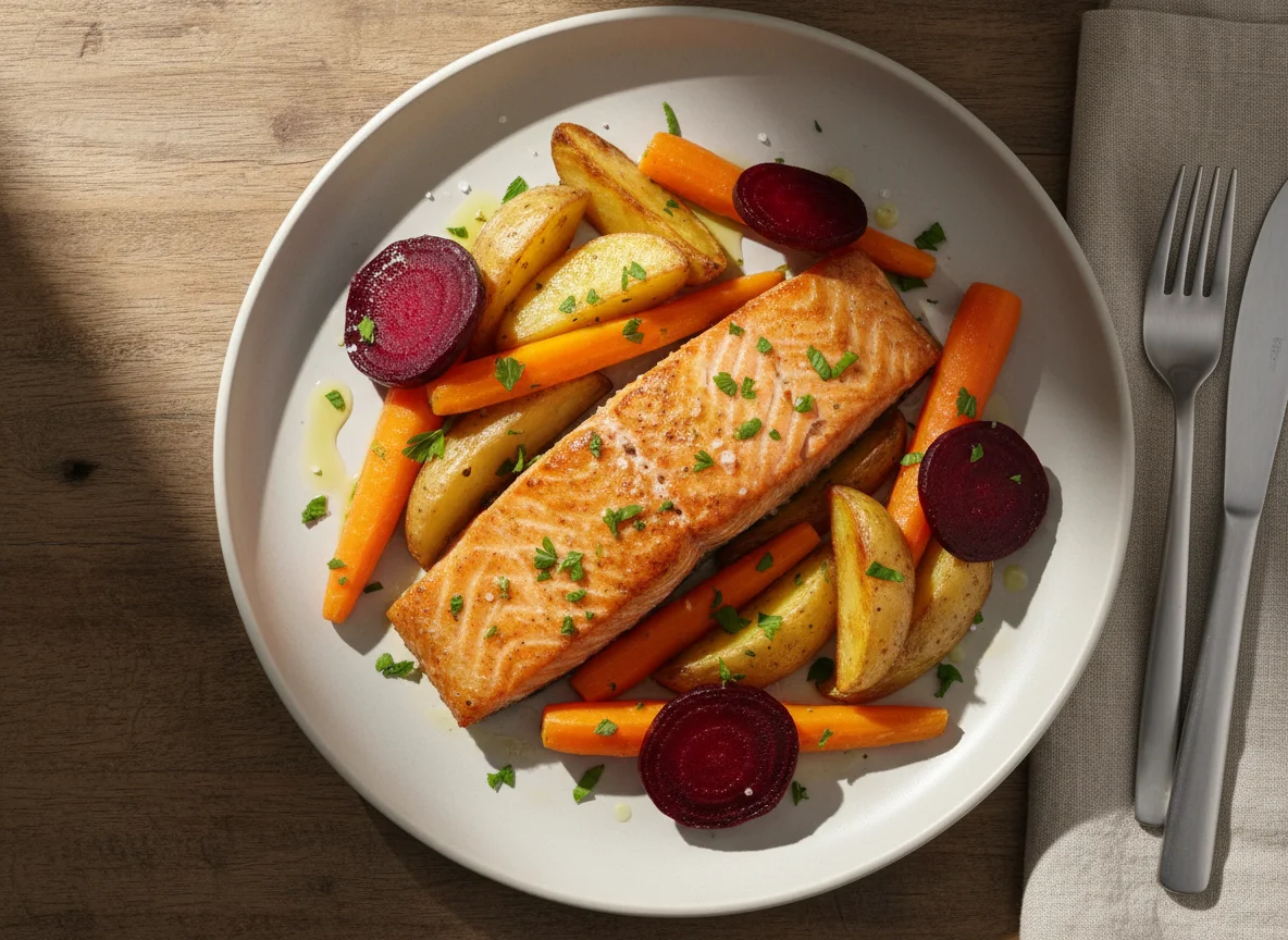Salmão com batatas, cenoura e beterraba photo